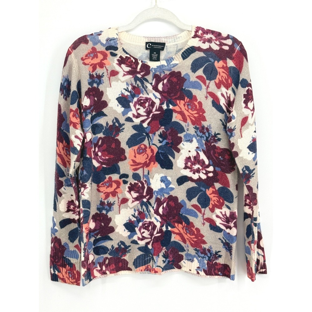 C by Bloomingdale's Womens Floral Cashmere Crewneck Sweater Parisian Size XS